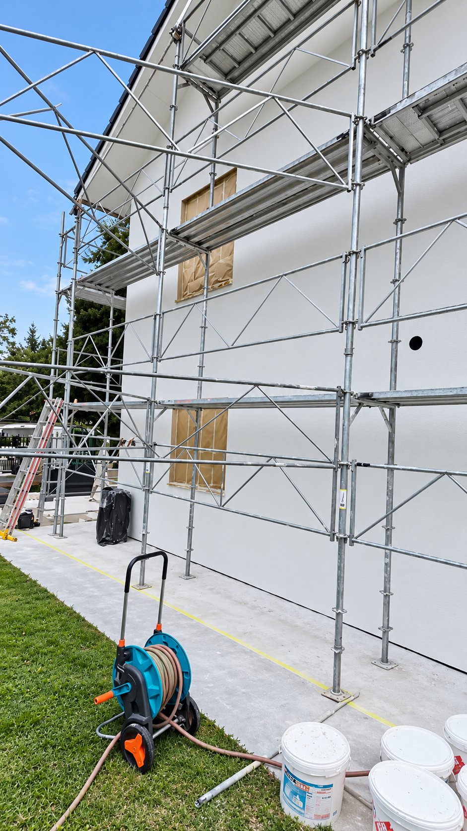 Façade sous échafaudage avec seaux et matériel de façade